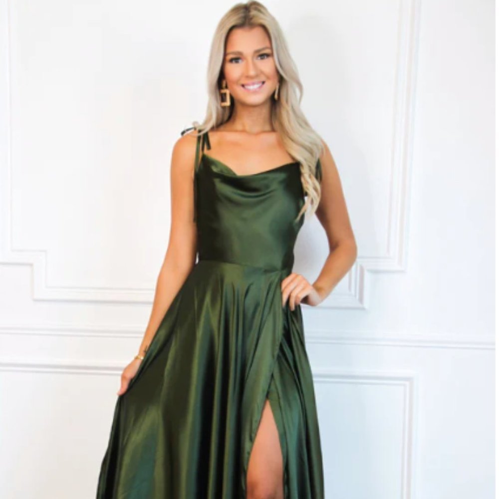 Olive Green Satin Floor Length Formal Dress